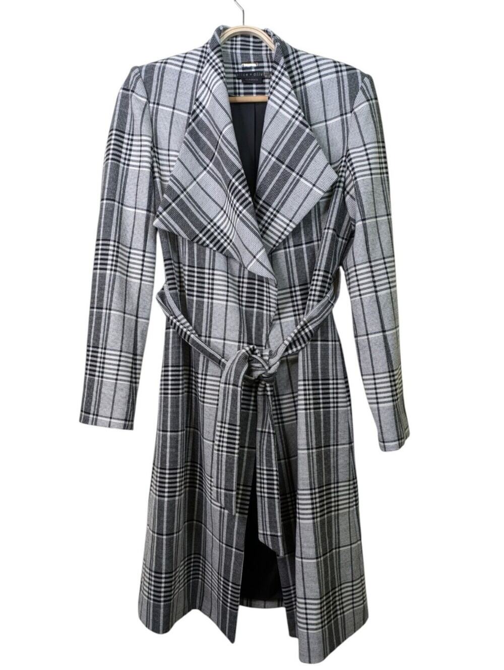 Alice + Olivia Ginny Wrap Trench Coat Jacket XS Black Plaid Belted Quiet Luxury